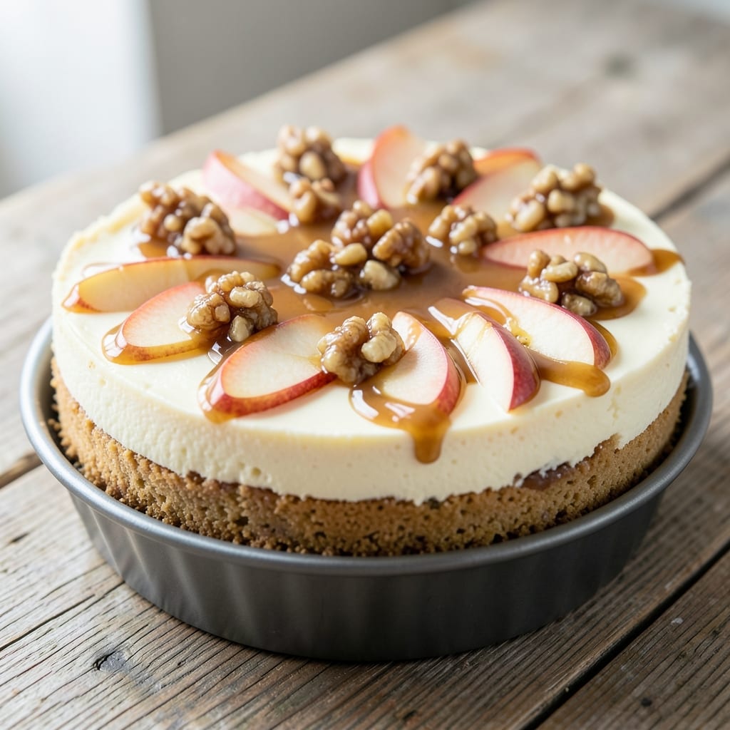 Apple Praline Cheesecake Recipe: Crunchy Pecan Topping and Caramelized Apple Swirls