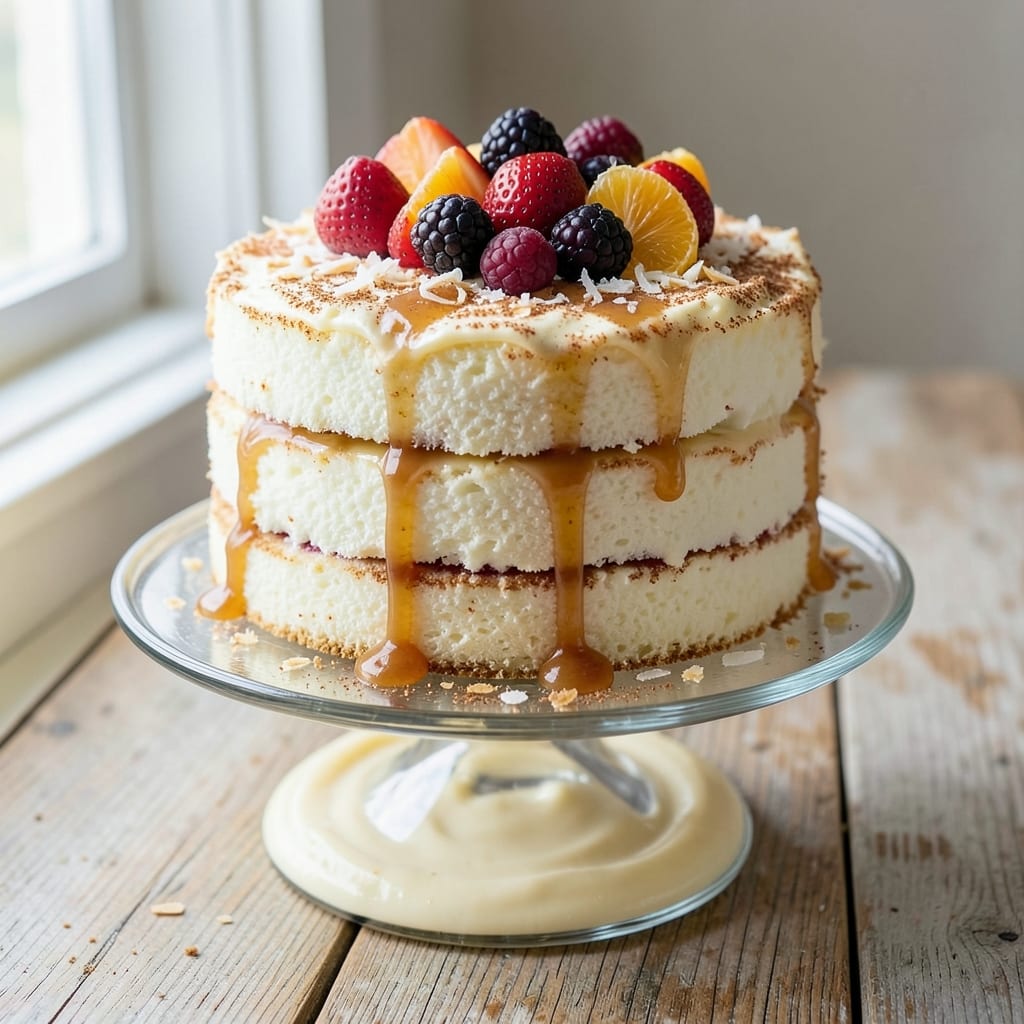 Angel Food Cake Recipe With Pudding and Fruit: Triple-Layered Dessert Tower