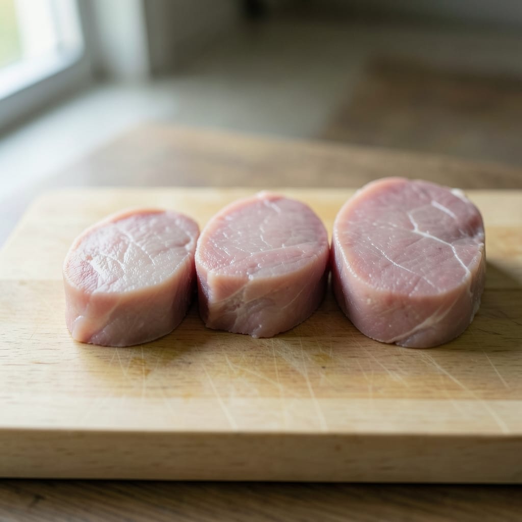 Three chops of different thickness, ready to be tested