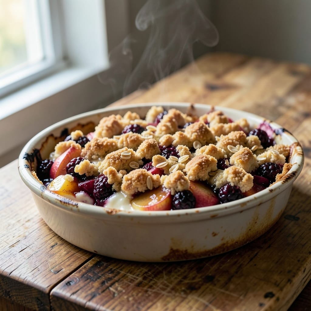 Apple And Blackberry Crumble Cake Recipe: Buttery Streusel Hugs Warm Fruit Every Bite